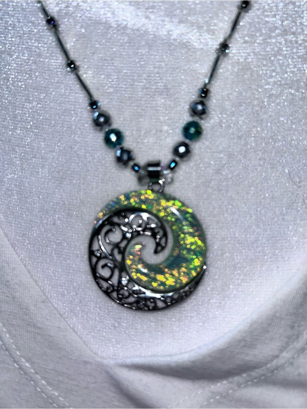 Green & silver  Swirl Pendant w/ Teal Bead Accents, New, made in Hawaii